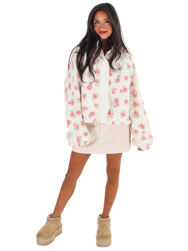 Fancy Floral Print Sherpa Jacket Doorbuster