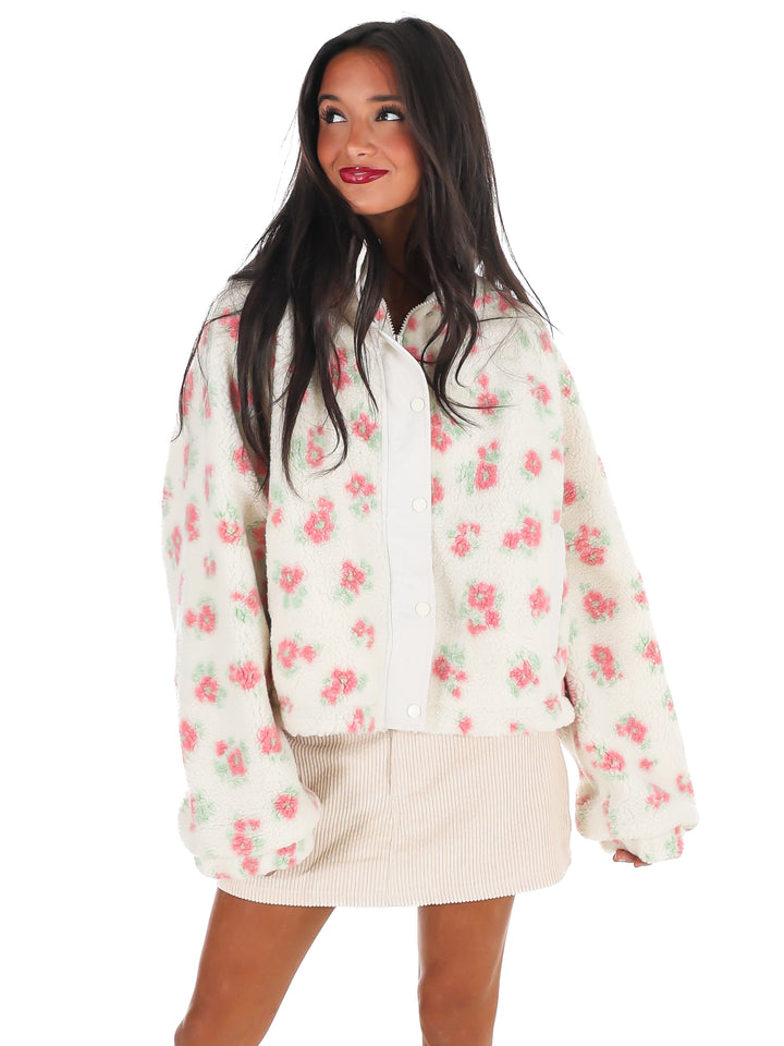 Fancy Floral Print Sherpa Jacket Doorbuster