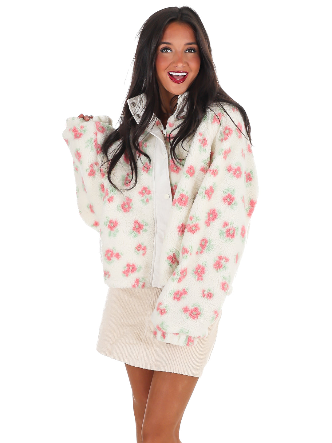 Fancy Floral Print Sherpa Jacket Doorbuster