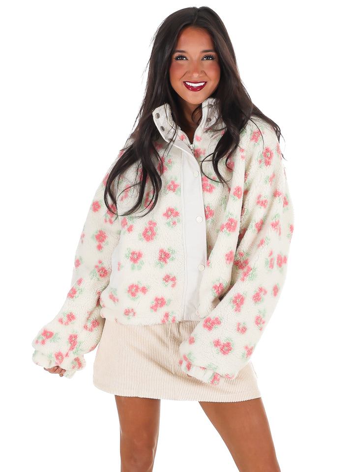 Fancy Floral Print Sherpa Jacket Doorbuster