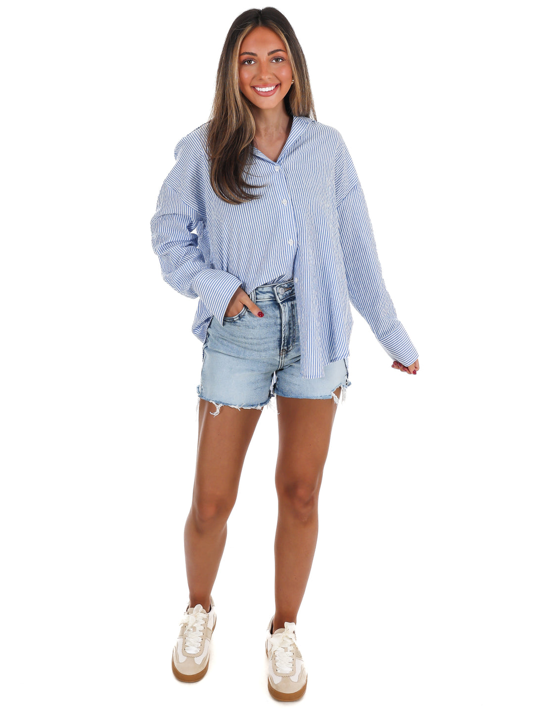 Outline Striped Button Up Top