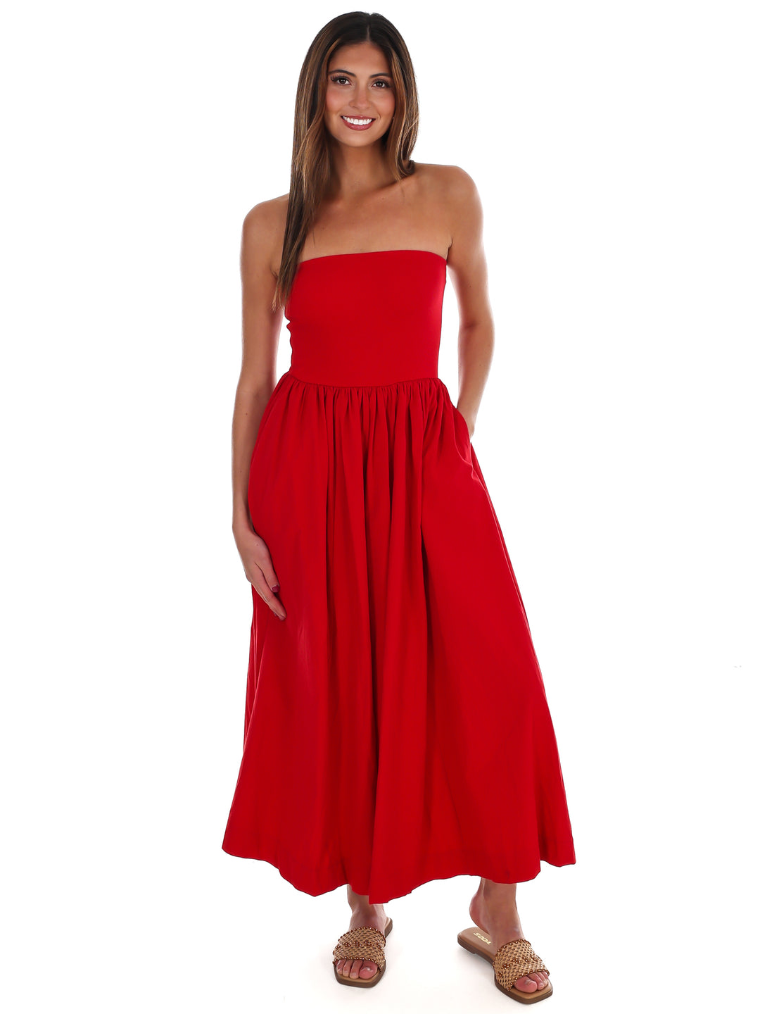 My Oh My Strapless Midi Dress