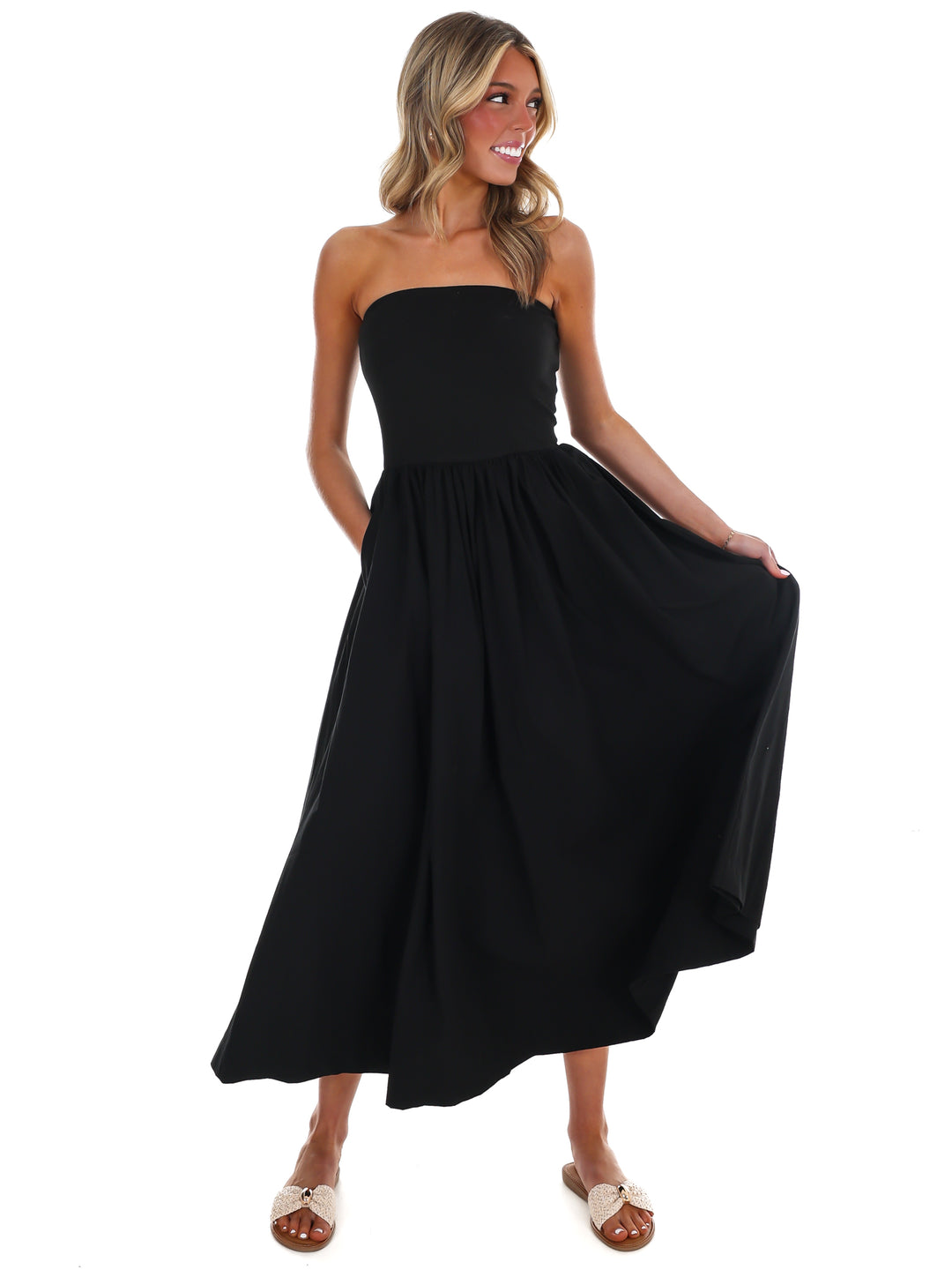 My Oh My Strapless Midi Dress