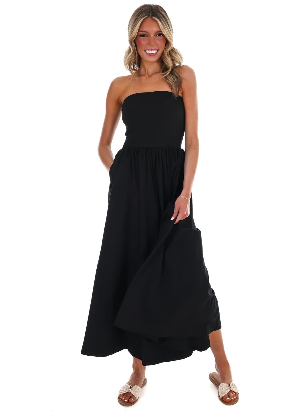 My Oh My Strapless Midi Dress