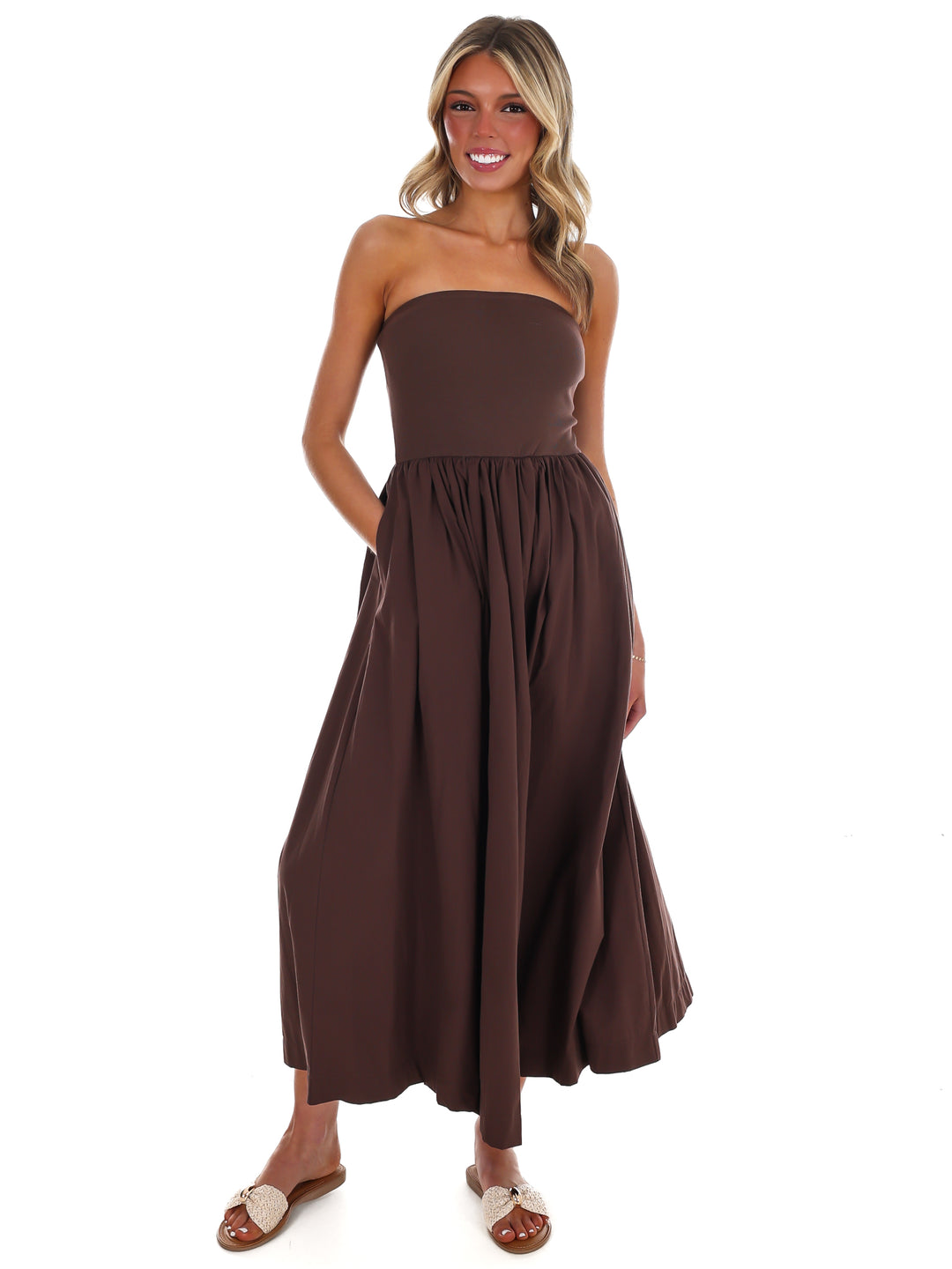 My Oh My Strapless Midi Dress