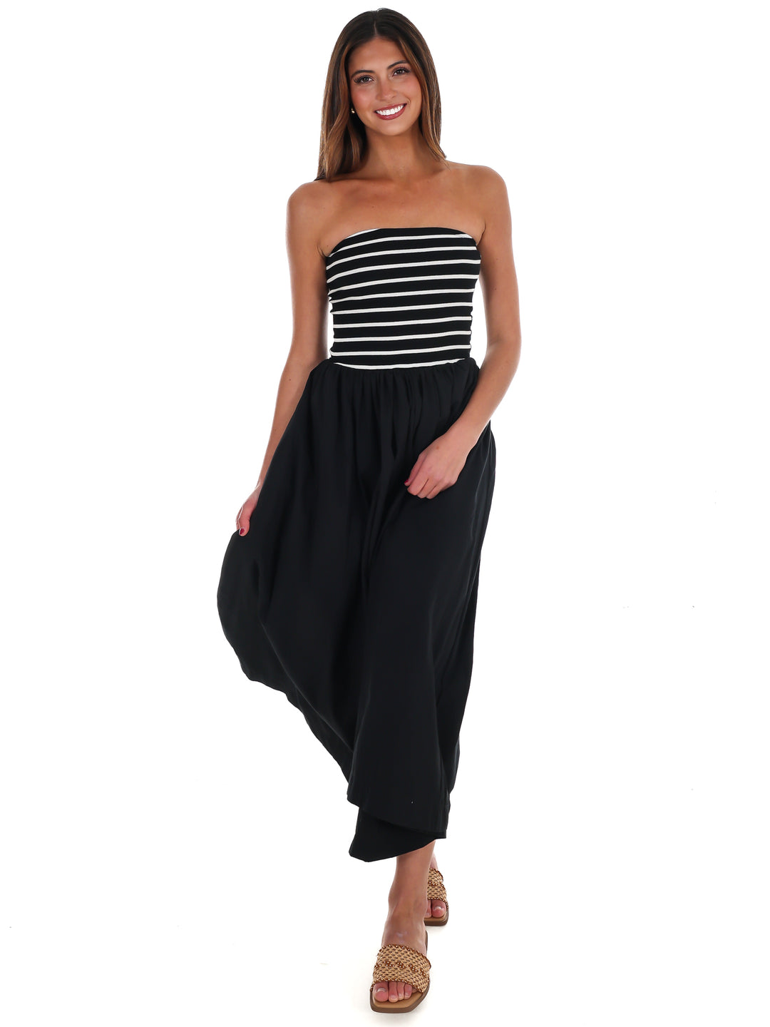Wanna Know Striped Strapless Midi Dress