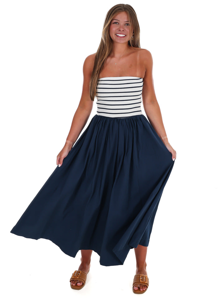 Wanna Know Striped Strapless Midi Dress