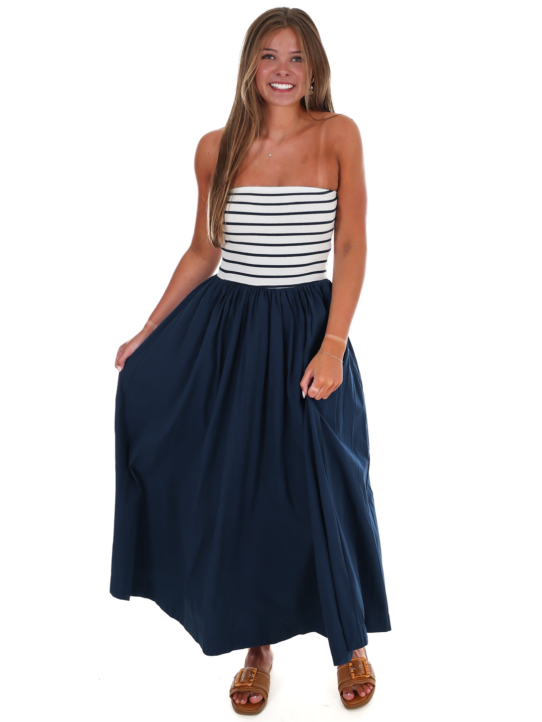 Wanna Know Striped Strapless Midi Dress