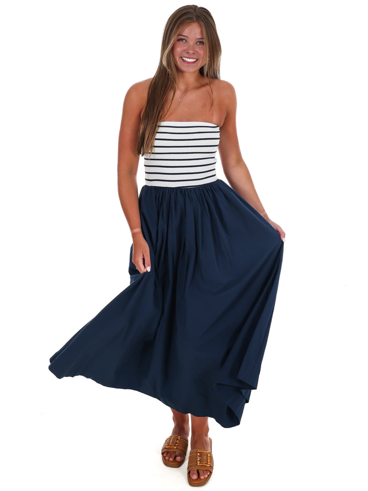 Wanna Know Striped Strapless Midi Dress