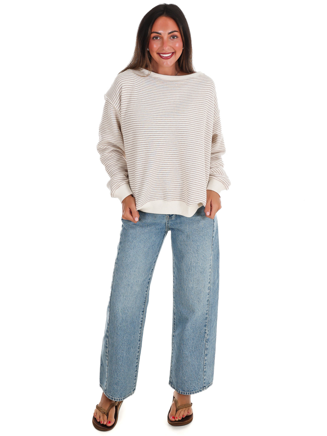 Throw it On Stripe Off Shoulder Sweatshirt