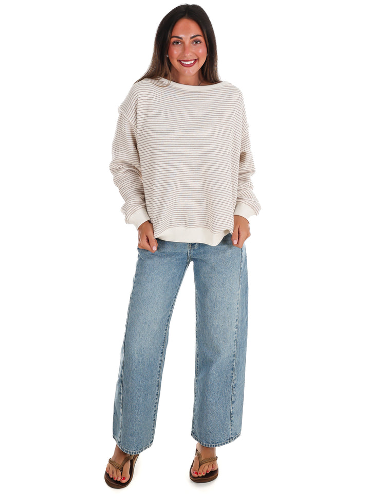 Throw it On Stripe Off Shoulder Sweatshirt