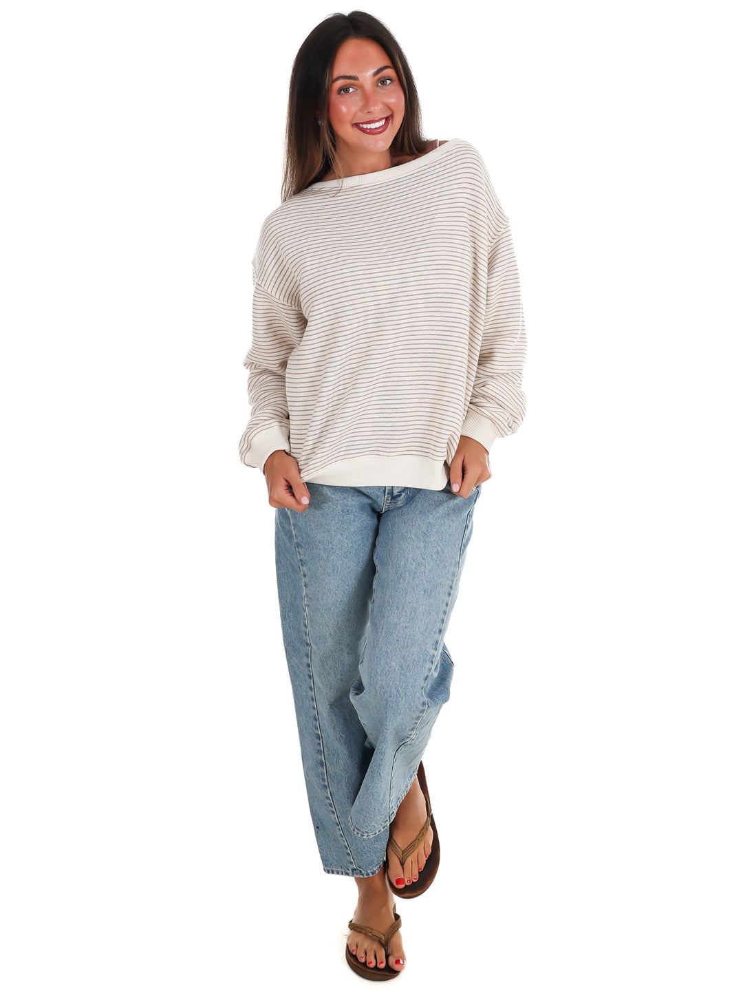 Throw it On Stripe Off Shoulder Sweatshirt
