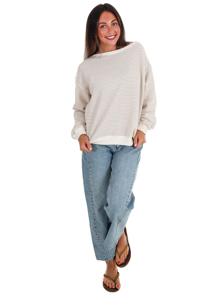 Throw it On Stripe Off Shoulder Sweatshirt