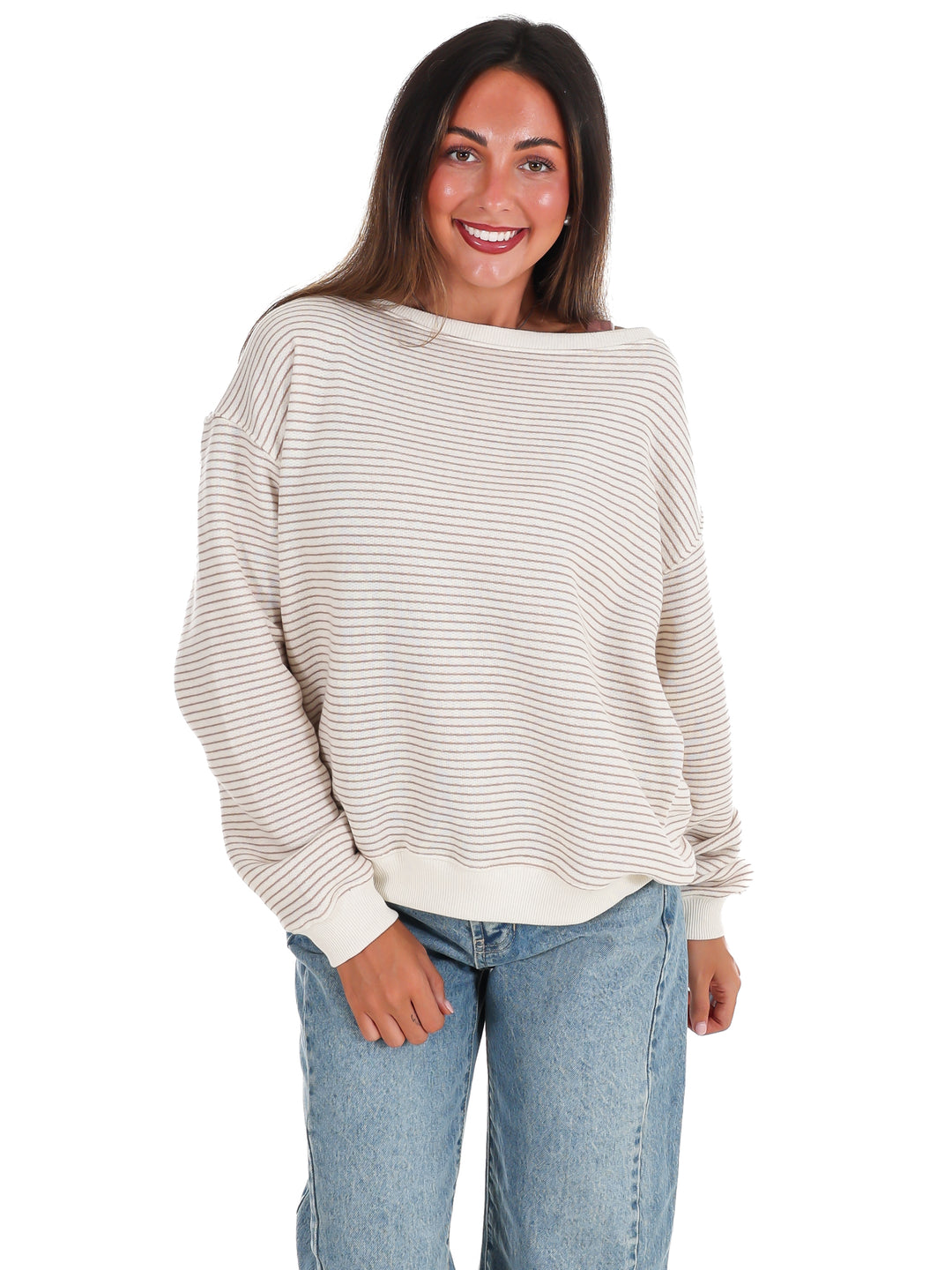 Throw it On Stripe Off Shoulder Sweatshirt