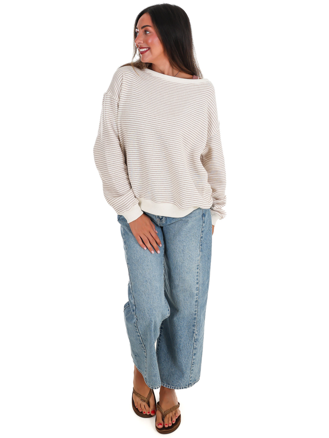 Throw it On Stripe Off Shoulder Sweatshirt