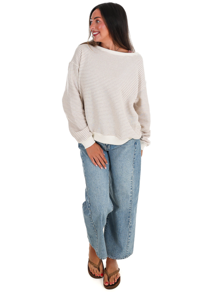 Throw it On Stripe Off Shoulder Sweatshirt