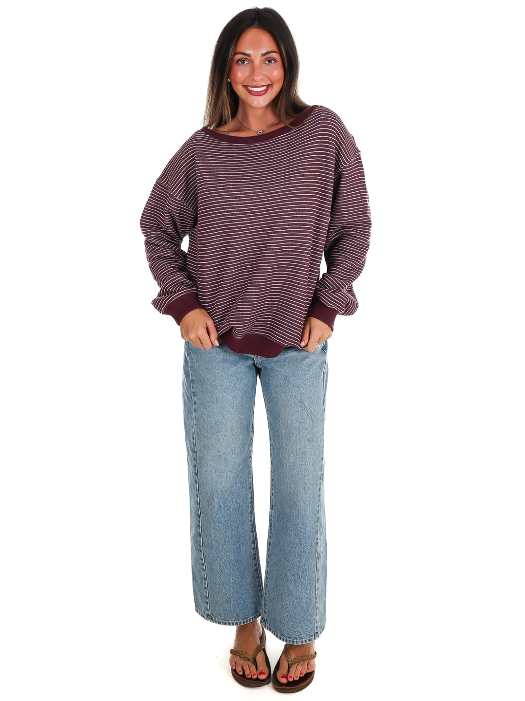 Throw it On Stripe Off Shoulder Sweatshirt