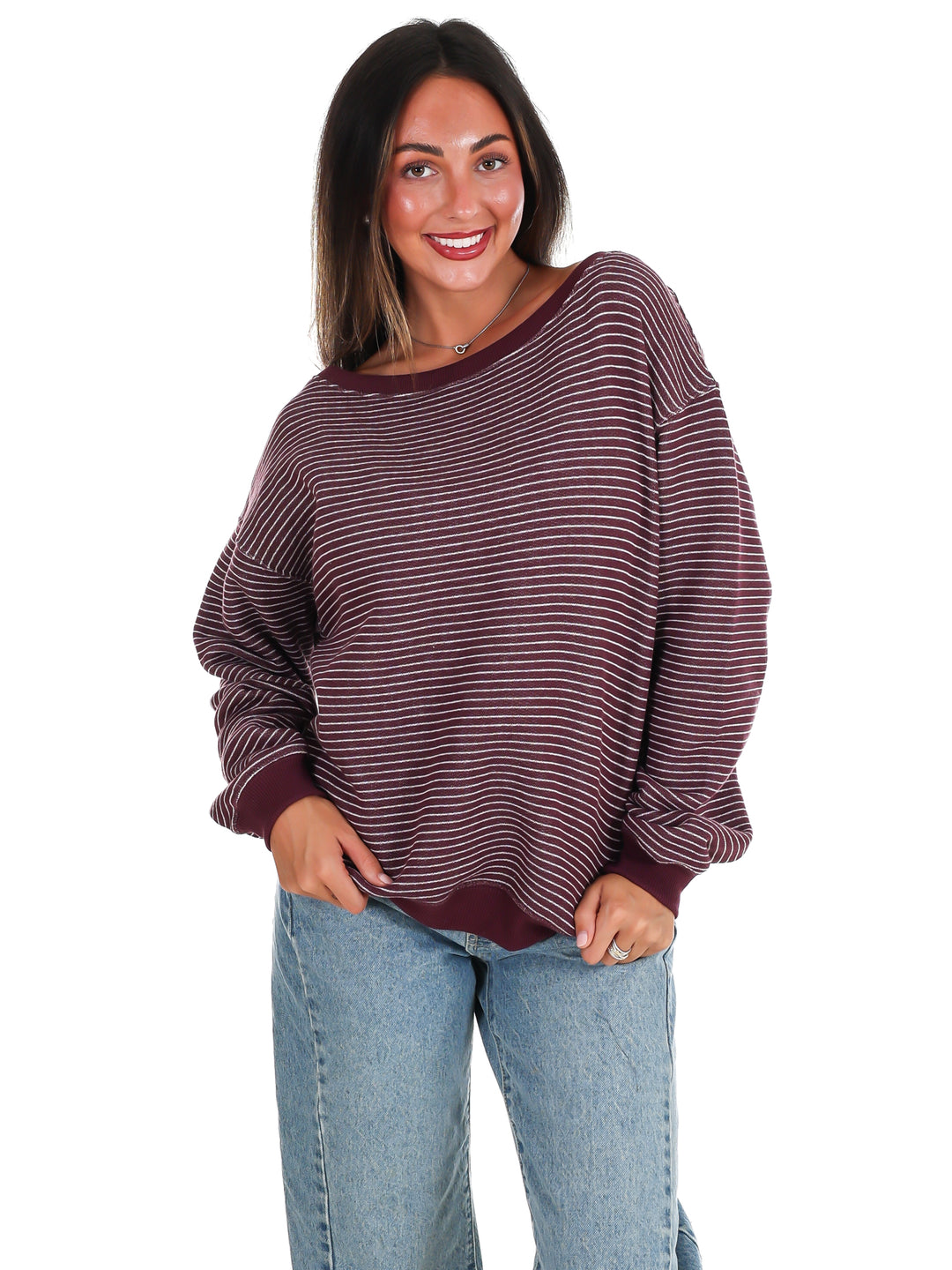 Throw it On Stripe Off Shoulder Sweatshirt