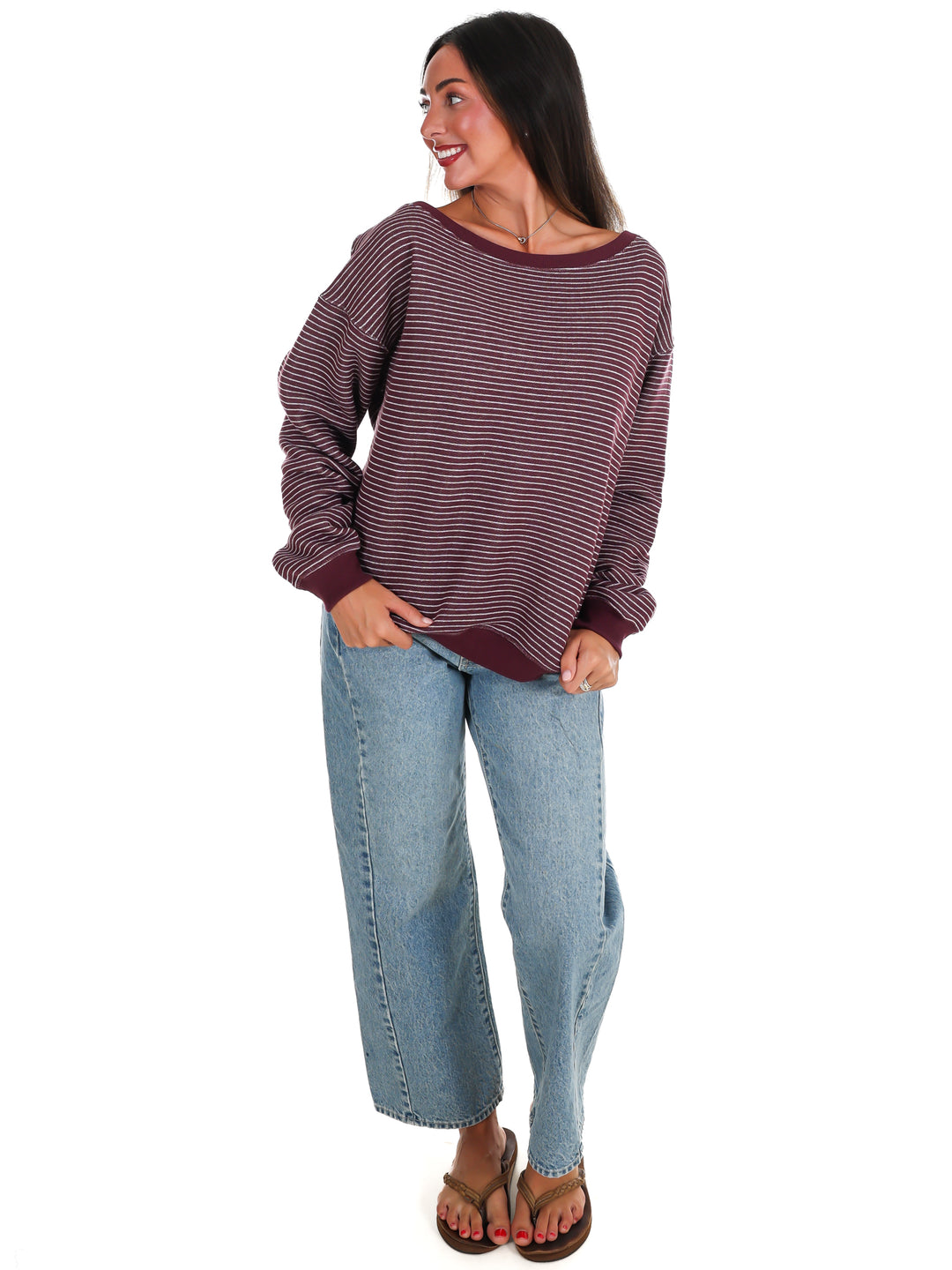 Throw it On Stripe Off Shoulder Sweatshirt