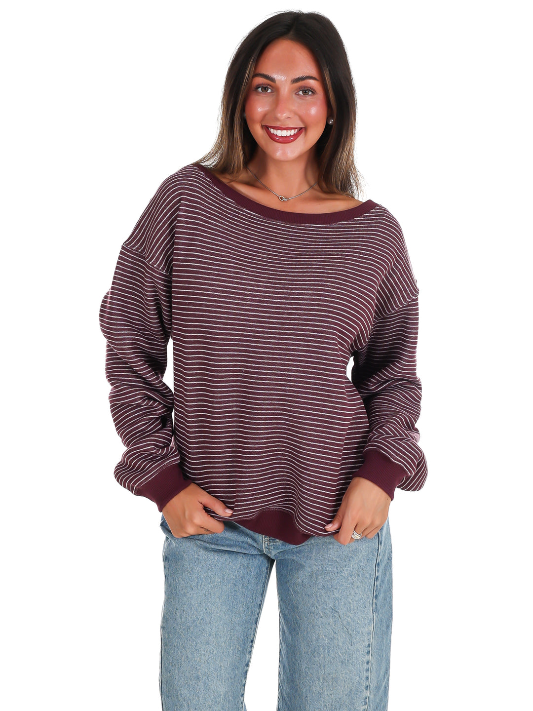 Throw it On Stripe Off Shoulder Sweatshirt