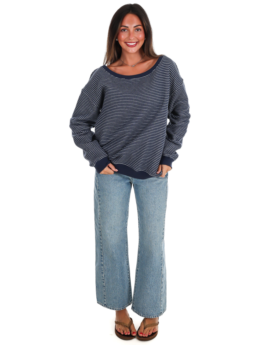 Throw it On Stripe Off Shoulder Sweatshirt