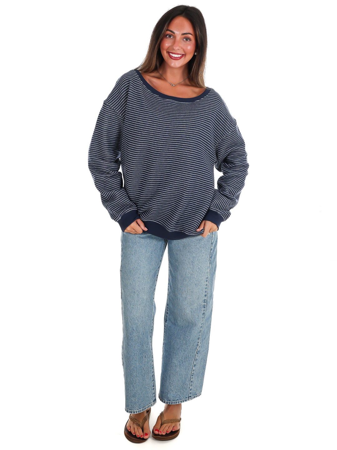 Throw it On Stripe Off Shoulder Sweatshirt