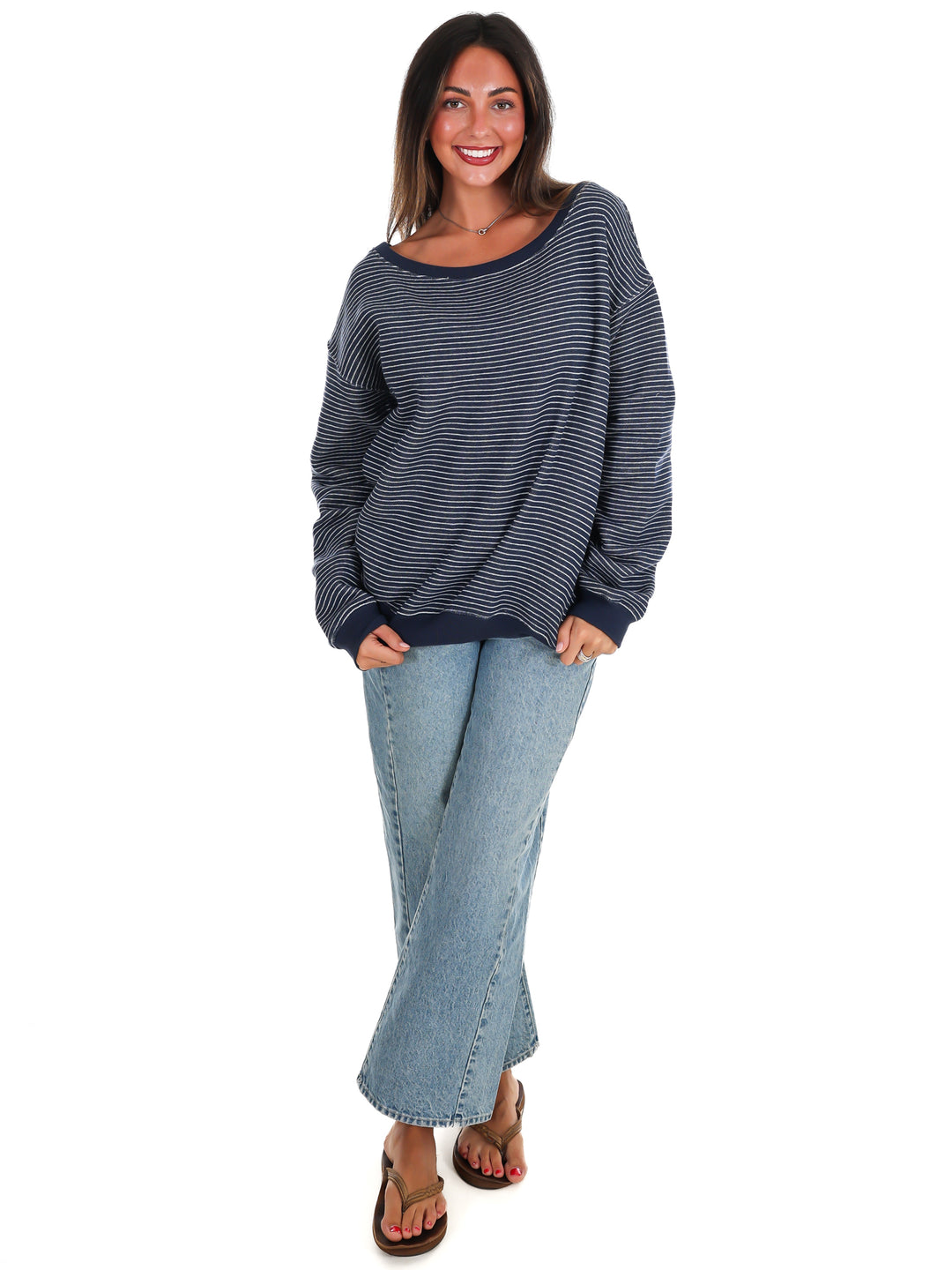 Throw it On Stripe Off Shoulder Sweatshirt