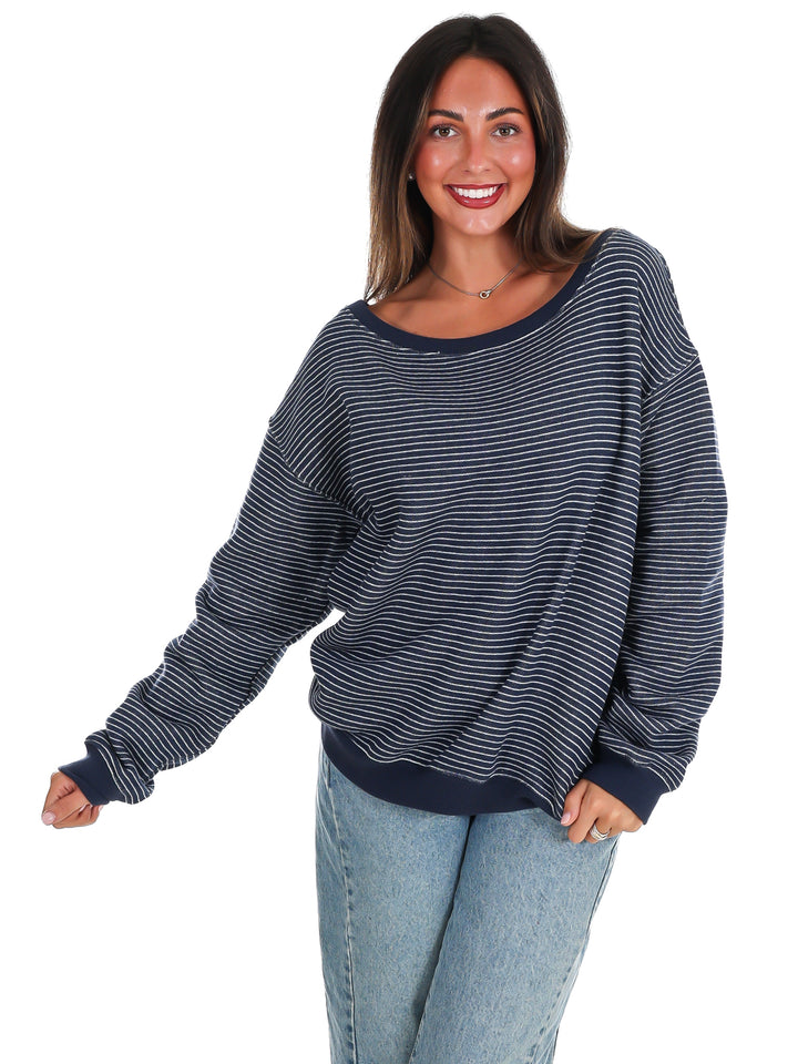 Throw it On Stripe Off Shoulder Sweatshirt