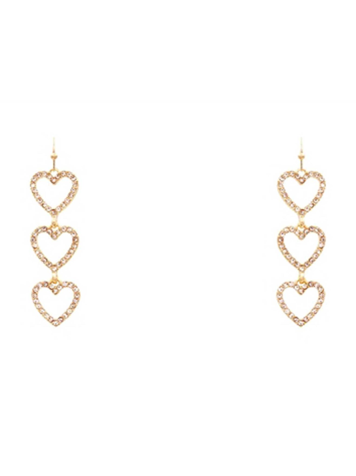 Triple Drop Gold Rhinestone Heart Earrings