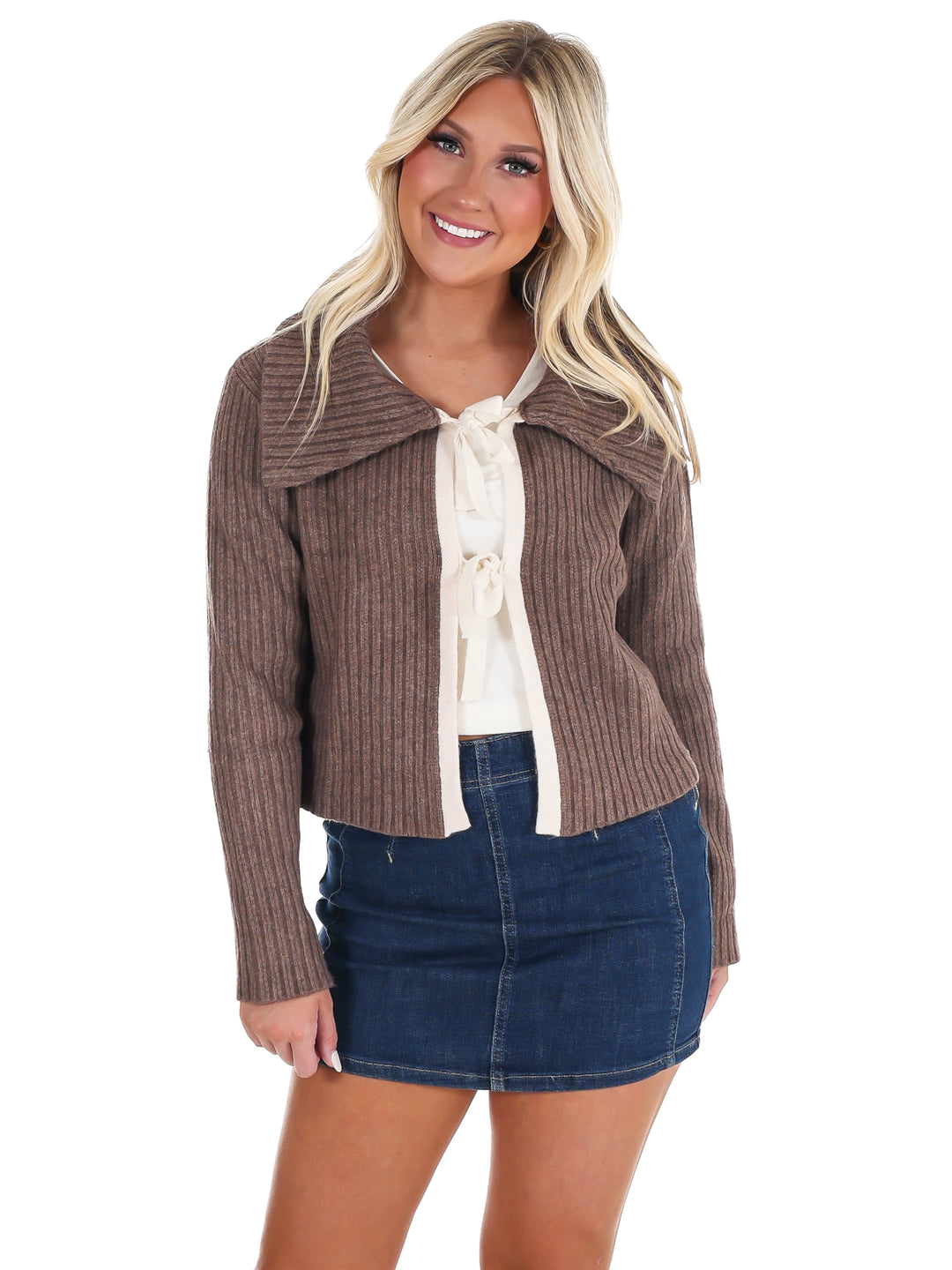 Nostalgic Charm Contrast Bow Ribbed Cardigan