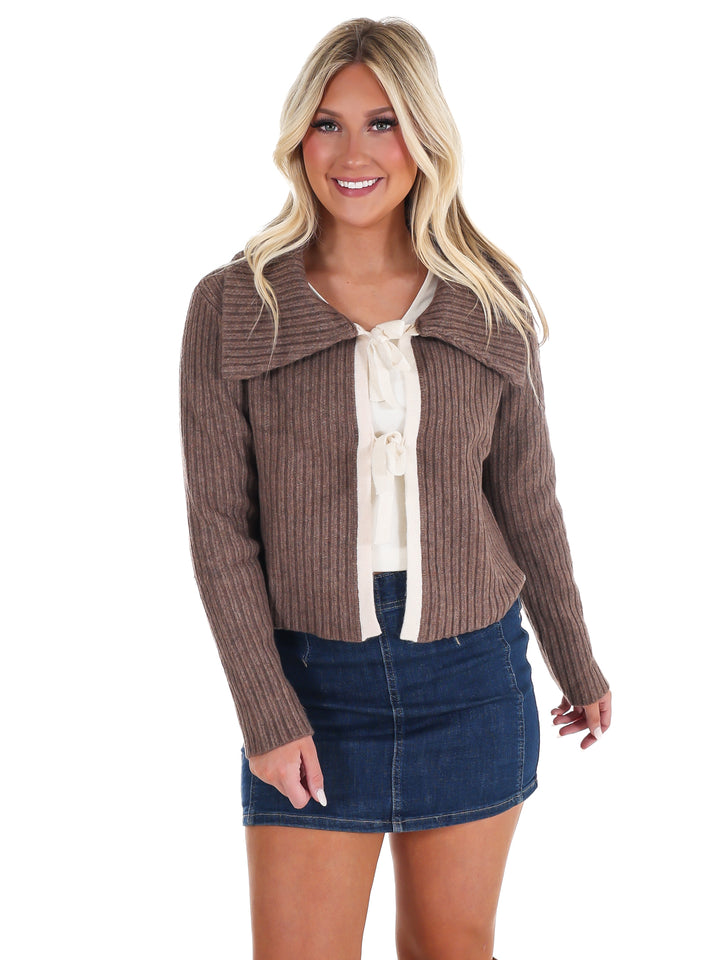 Nostalgic Charm Contrast Bow Ribbed Cardigan