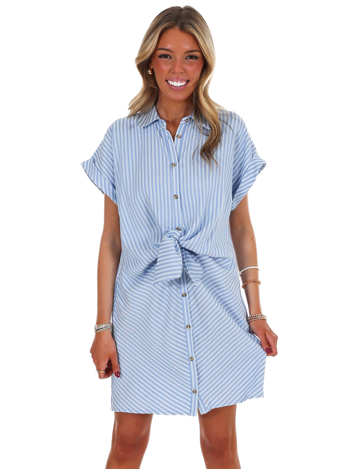 Fine Line Stripe Waist Tie Shirt Dress