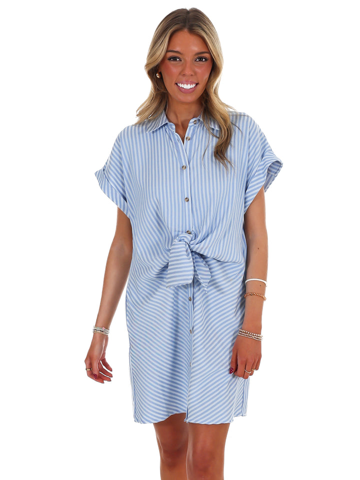 Fine Line Stripe Waist Tie Shirt Dress