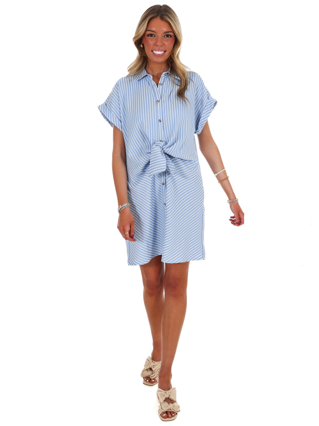 Fine Line Stripe Waist Tie Shirt Dress