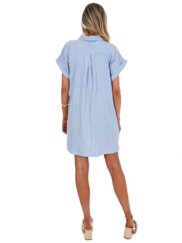 Fine Line Stripe Waist Tie Shirt Dress