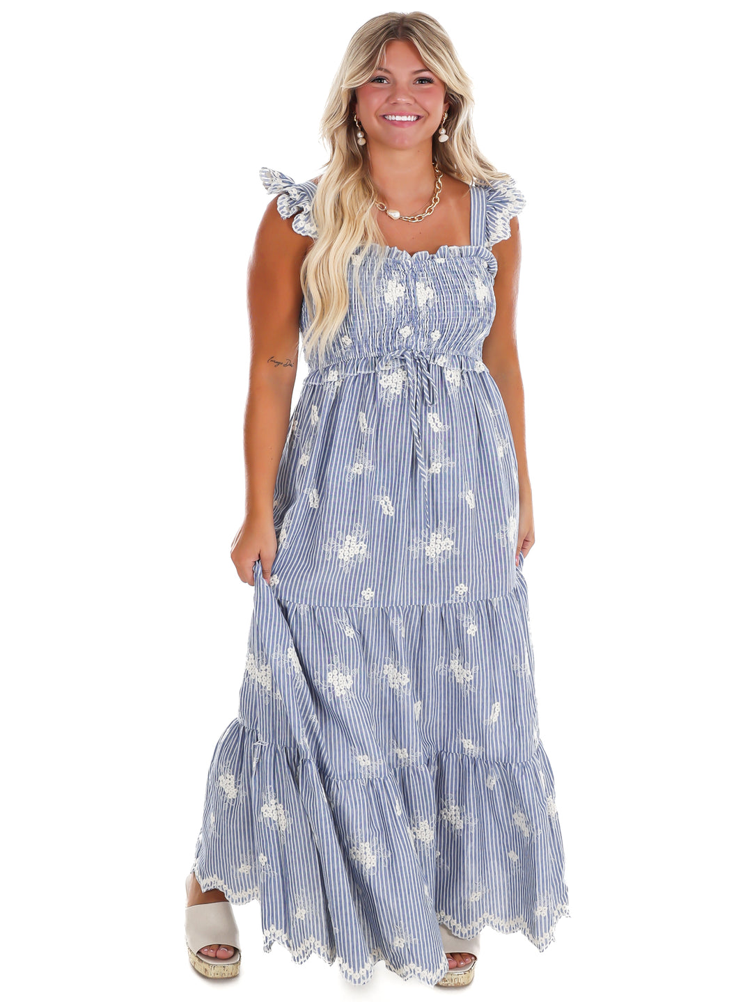 Ocean Mist Embroidered Stripe Maxi Dress