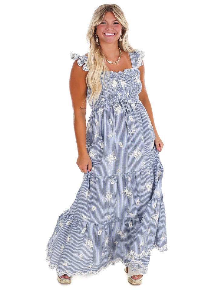 Ocean Mist Embroidered Stripe Maxi Dress