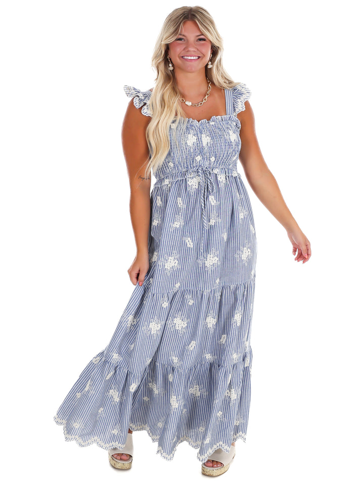 Ocean Mist Embroidered Stripe Maxi Dress