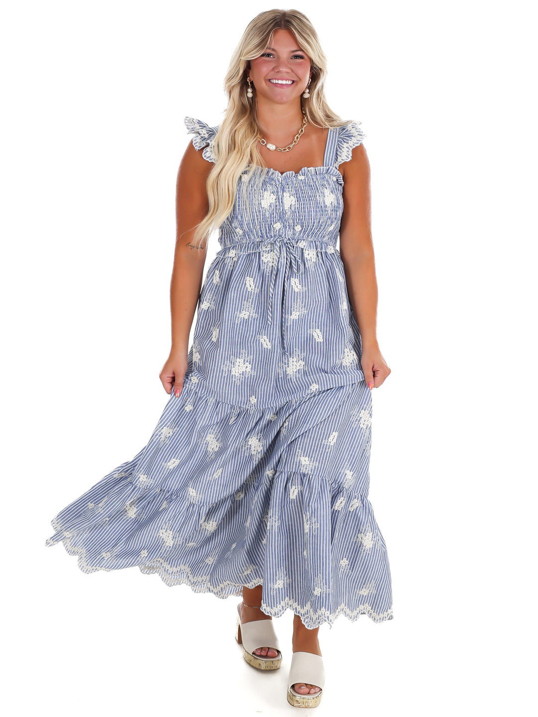 Ocean Mist Embroidered Stripe Maxi Dress