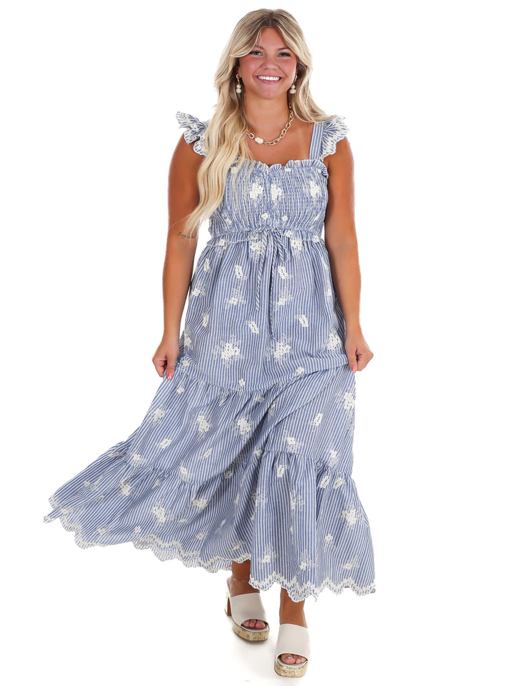 Ocean Mist Embroidered Stripe Maxi Dress