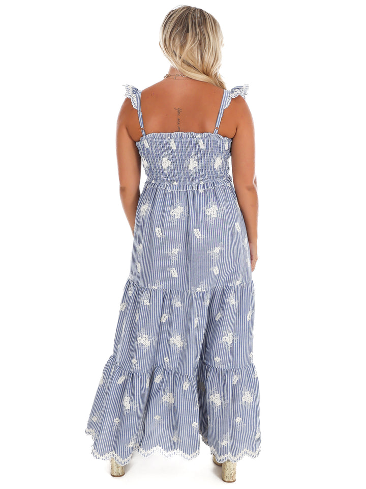 Ocean Mist Embroidered Stripe Maxi Dress