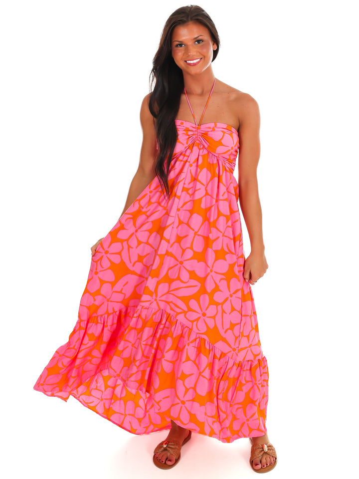 Pink Lemonade Floral Halter Midi Dress