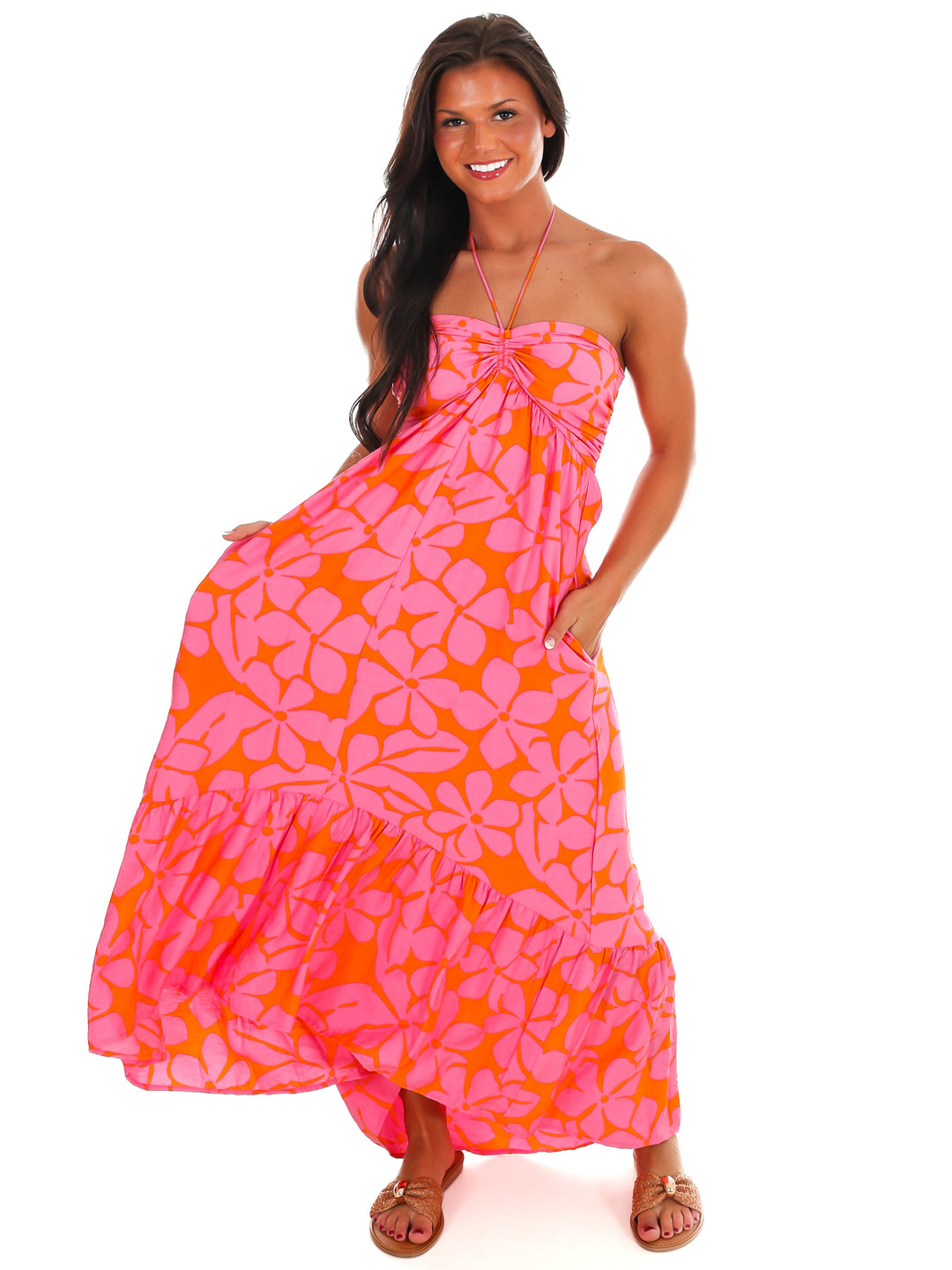 Pink Lemonade Floral Halter Midi Dress