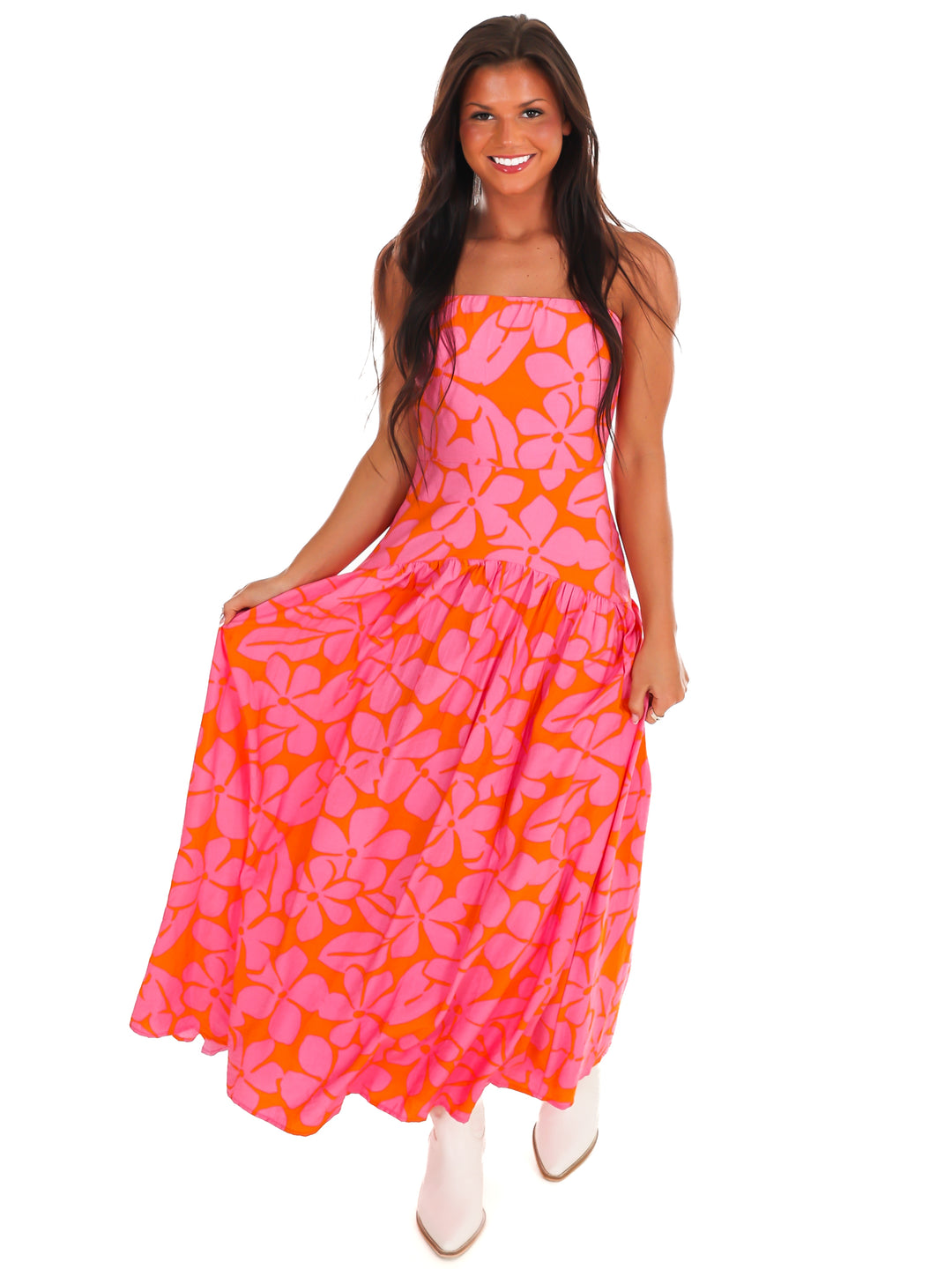 Pink Skies Floral Strapless Maxi Dress