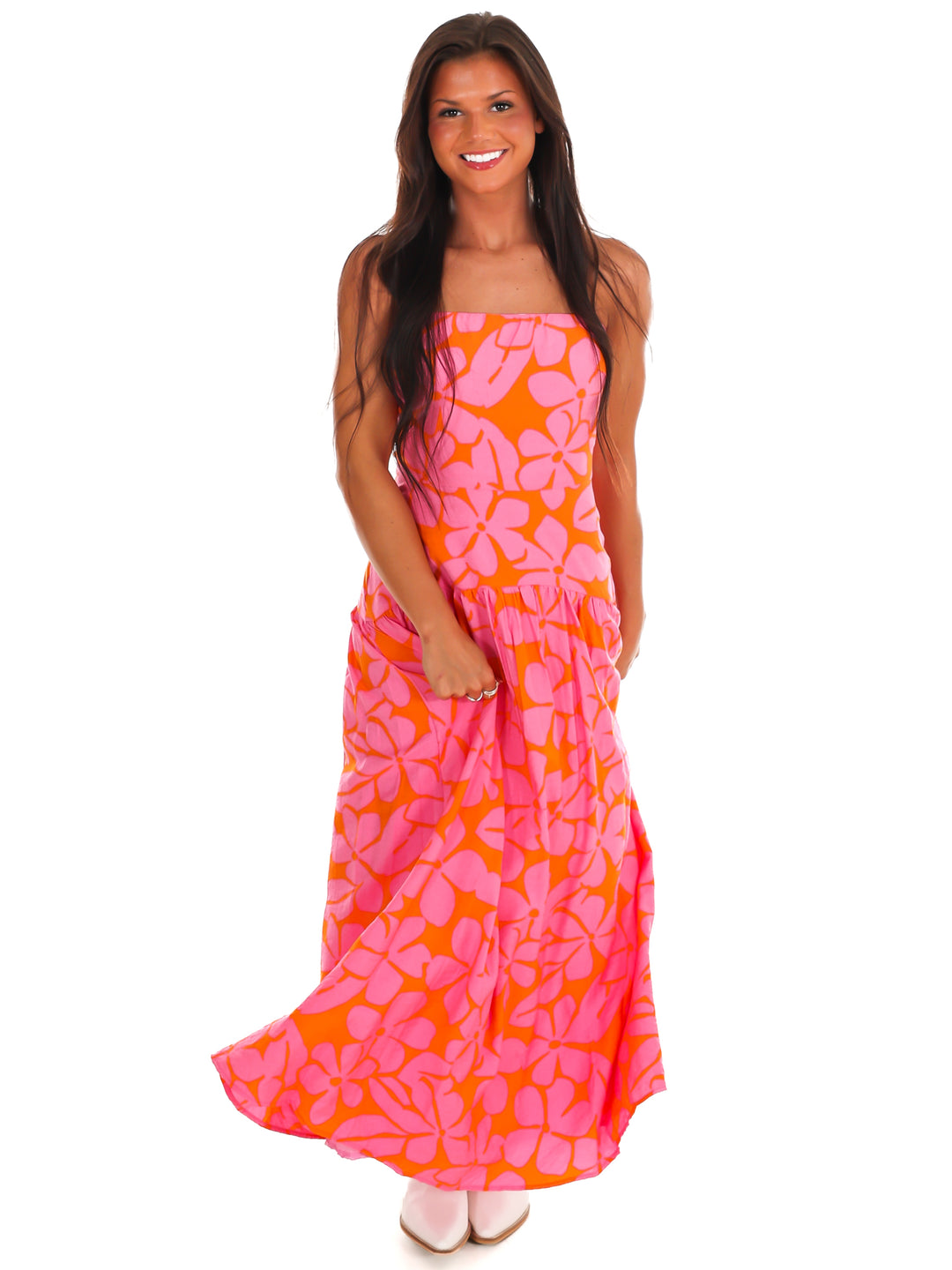 Pink Skies Floral Strapless Maxi Dress