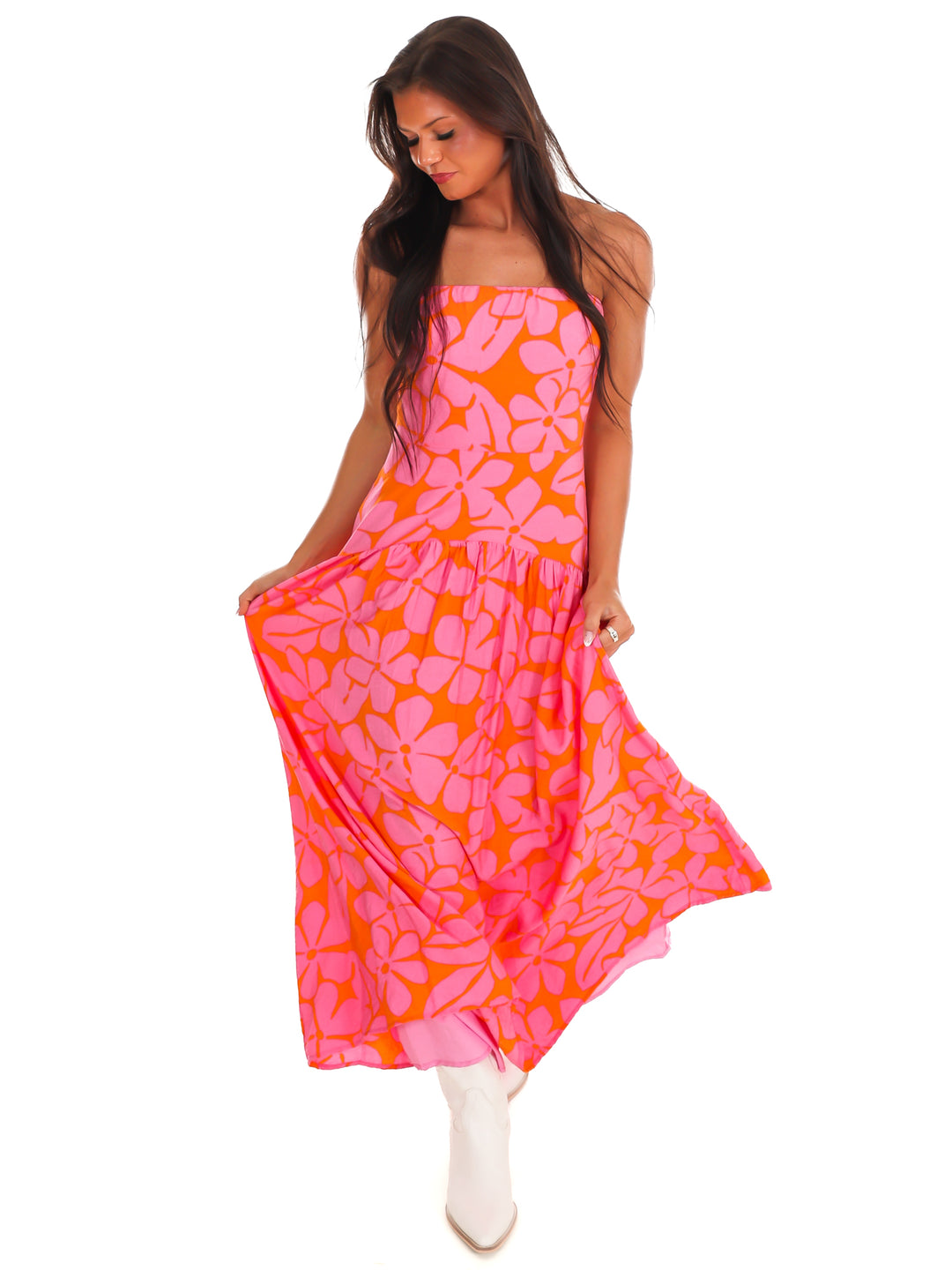 Pink Skies Floral Strapless Maxi Dress