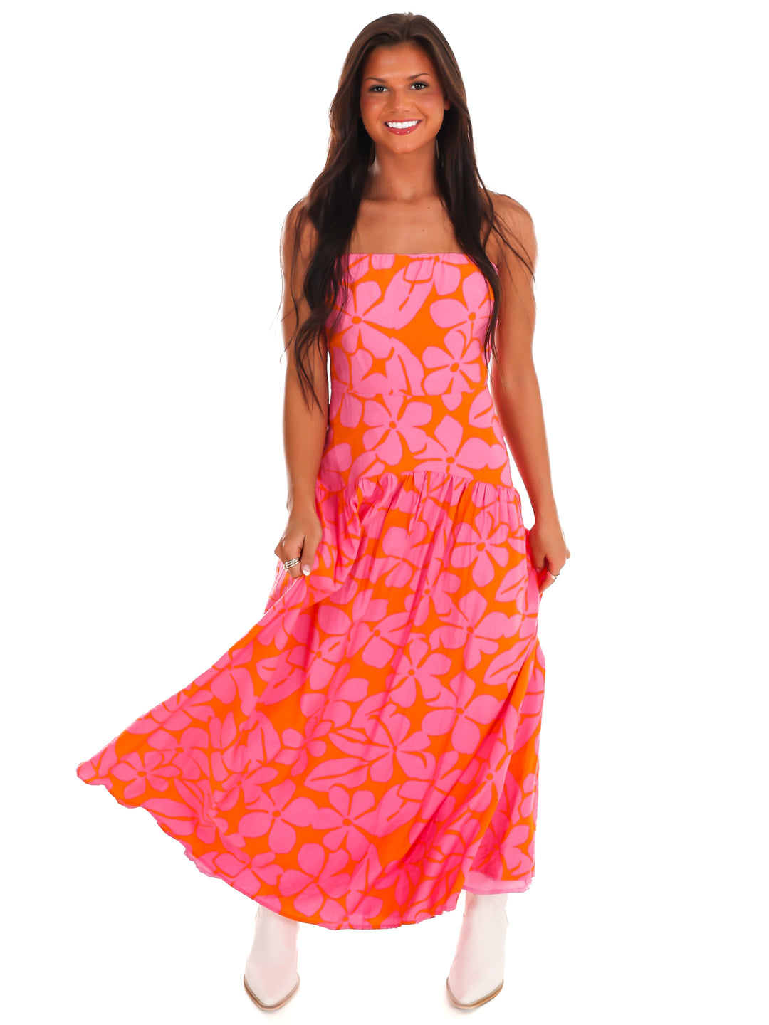Pink Skies Floral Strapless Maxi Dress