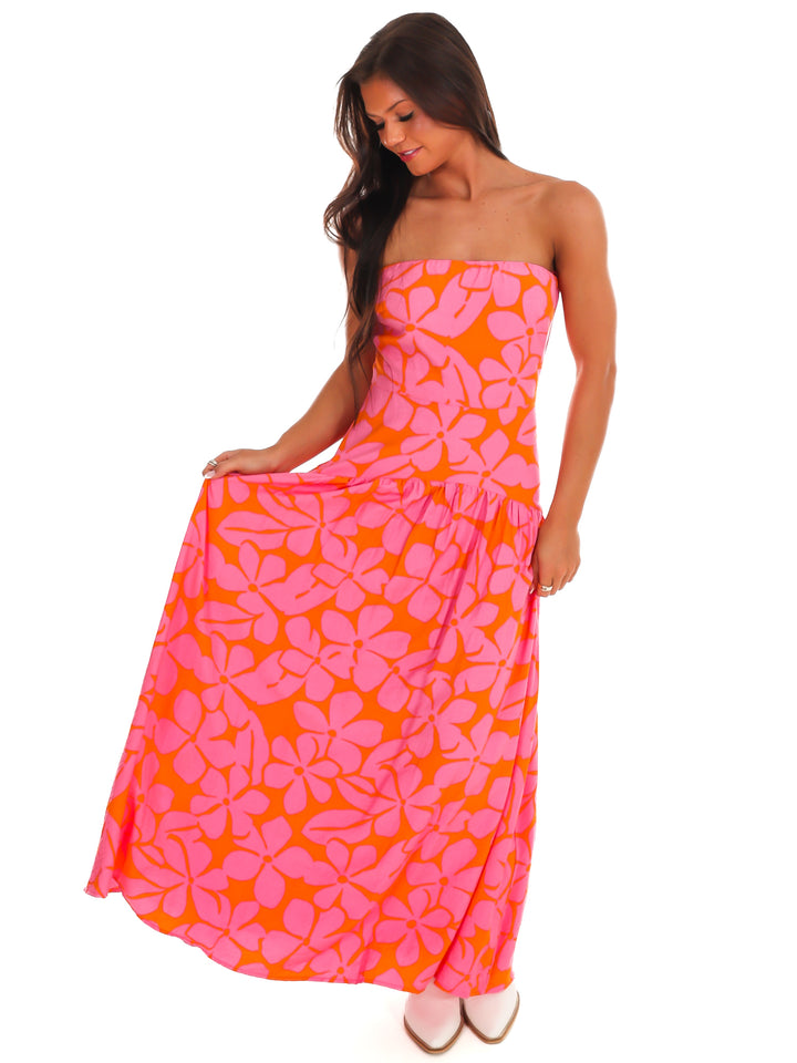Pink Skies Floral Strapless Maxi Dress