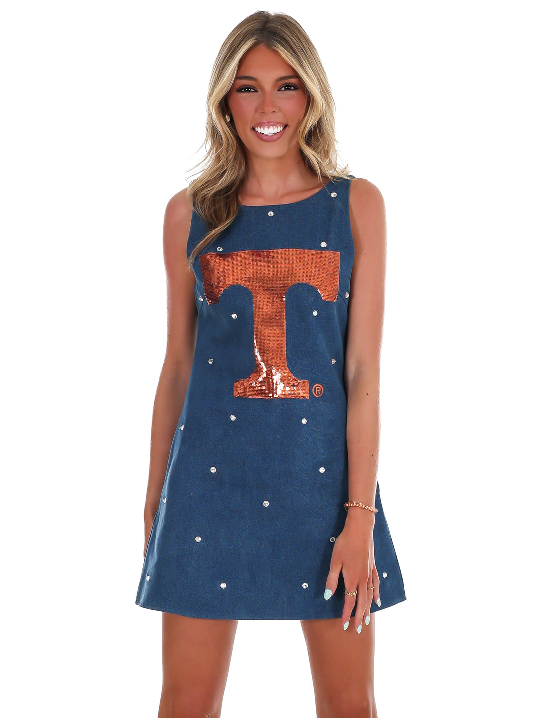Tennessee Scattered Jewel Denim Sequin Mascot Tank Dress