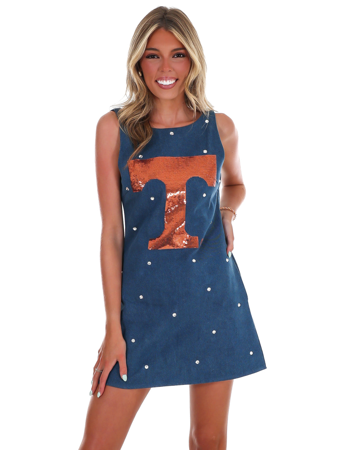 Tennessee Scattered Jewel Denim Sequin Mascot Tank Dress